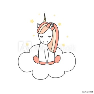 Bild på Cute cartoon little unicorn on a cloud vector illustration